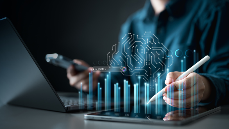 Artificial intelligence analytics technology. AI automation machine learning. Information data analysis. Neural network visualization tech. Digital integration. Romantic chatbot software developer.